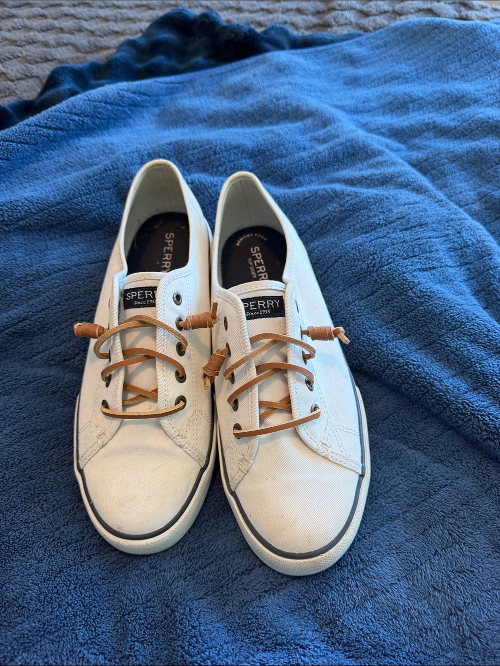 Sperry White Canvas Lace-Up Flats with Tan Laces